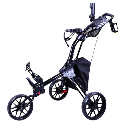Eliteshine V317 3-wheel golf push trolley main view in all-black aluminum alloy with wide EVA wheels, phone mount and large storage bag