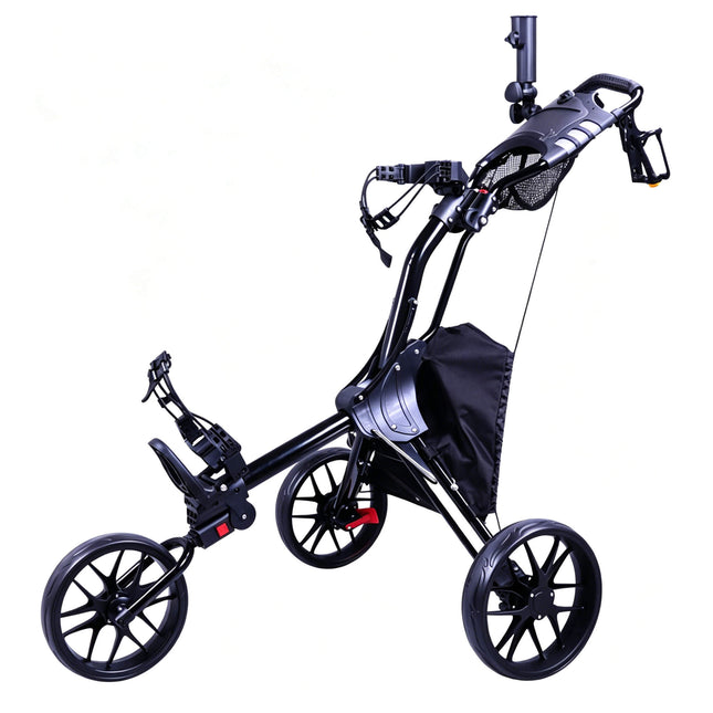 Eliteshine V317 3-wheel golf push trolley main view in all-black aluminum alloy with wide EVA wheels, phone mount and large storage bag