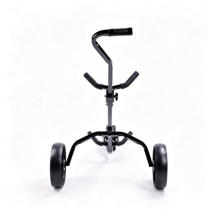 Eliteshine V318 3-wheel golf push trolley back view showing clean black iron frame, 6-spoke EVA rear wheels with HDI hub caps and smaller front wheel