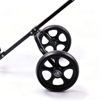Eliteshine V318 golf push trolley 6-spoke EVA rear wheel close-up showing matte black rubber tyre, spoke design and HDI branded hub cap