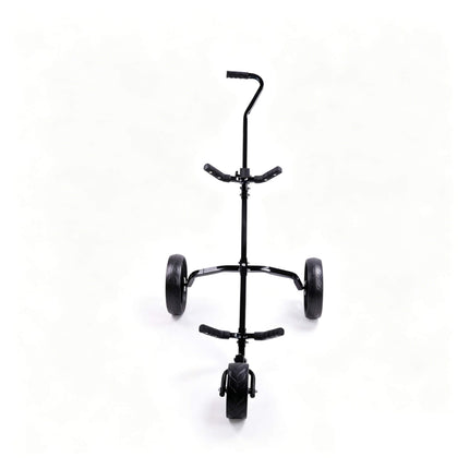 Eliteshine V318 3-wheel golf push trolley front view showing S-curved single-grip handle, Y-shaped bag support bar and 6-spoke EVA rear wheels