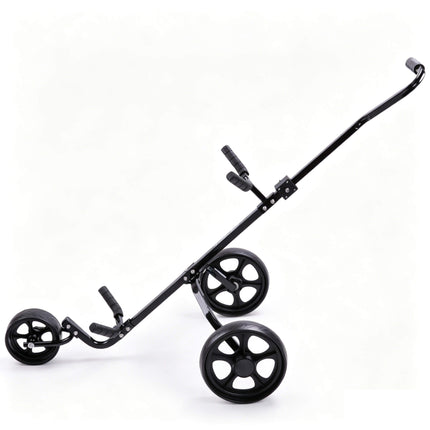 Eliteshine V318 3-wheel golf push trolley left side view showing gunmetal frame, lower bag rest bar, fold mechanism and 6-spoke EVA rear wheel