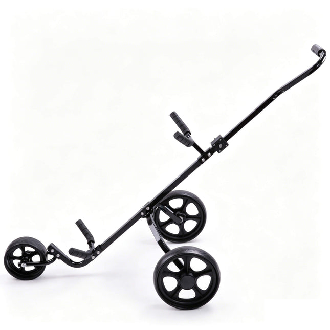 Eliteshine V318 3-wheel golf push trolley left side view showing gunmetal frame, lower bag rest bar, fold mechanism and 6-spoke EVA rear wheel