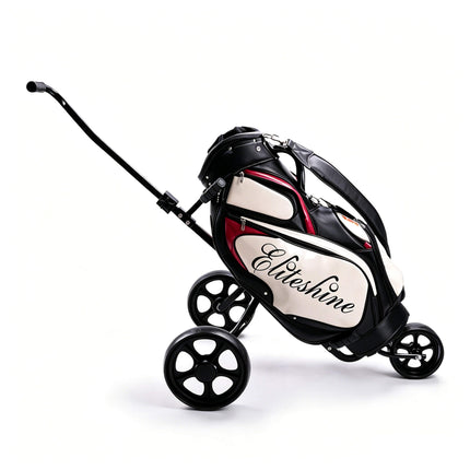 Eliteshine V318 3-wheel golf push trolley lifestyle view with premium Eliteshine black white and red tour bag loaded on gunmetal frame