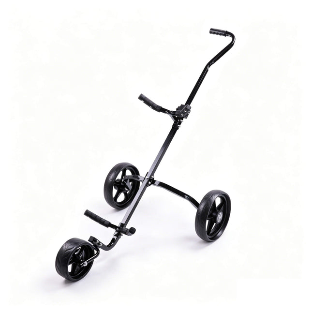 Eliteshine V318 3-wheel golf push trolley main view in gunmetal and black iron frame with 6-spoke EVA wheels and S-curved handle