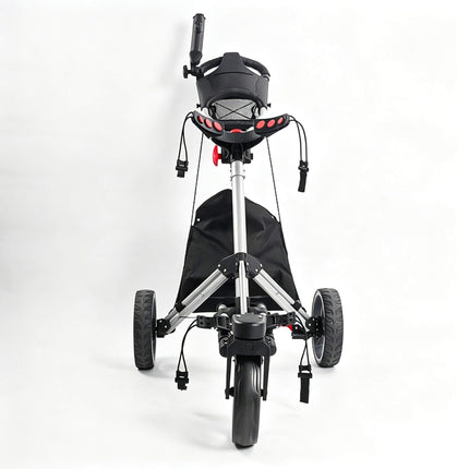Eliteshine V322 3-wheel golf push trolley front view in silver and black showing swivel enlarged front wheel housing, dual grip handles, mesh ball net, 3 red ball clips and storage bag