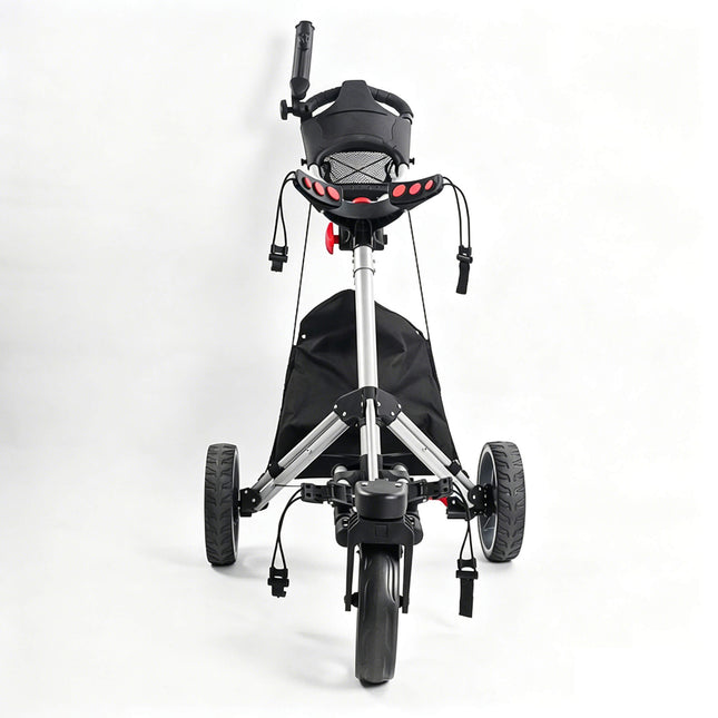 Eliteshine V322 3-wheel golf push trolley front view in silver and black showing swivel enlarged front wheel housing, dual grip handles, mesh ball net, 3 red ball clips and storage bag
