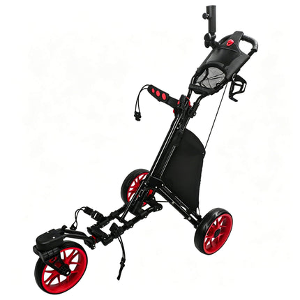 Eliteshine V322 3-wheel golf push trolley main view in all-black steel frame with red 10-spoke enlarged wheels, dual-grip handle and large storage bag