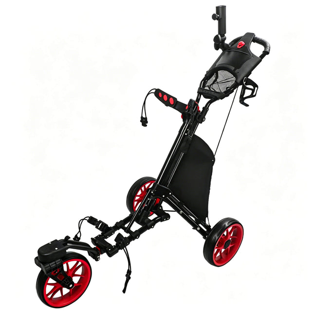 Eliteshine V322 3-wheel golf push trolley main view in all-black steel frame with red 10-spoke enlarged wheels, dual-grip handle and large storage bag
