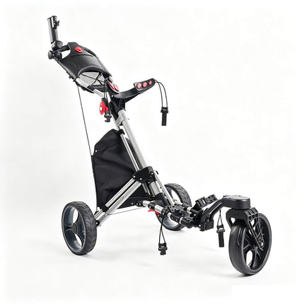 Eliteshine V322 3-wheel golf push trolley right side view in silver and black showing dual bungee bag straps, large storage bag, cable tension system and enlarged rear wheels