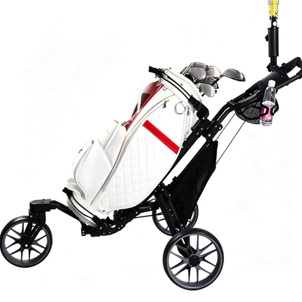 Eliteshine V325 3-wheel golf push trolley lifestyle view with premium white quilted Eliteshine cart bag and golf clubs loaded showing swivel front wheel and storage bag