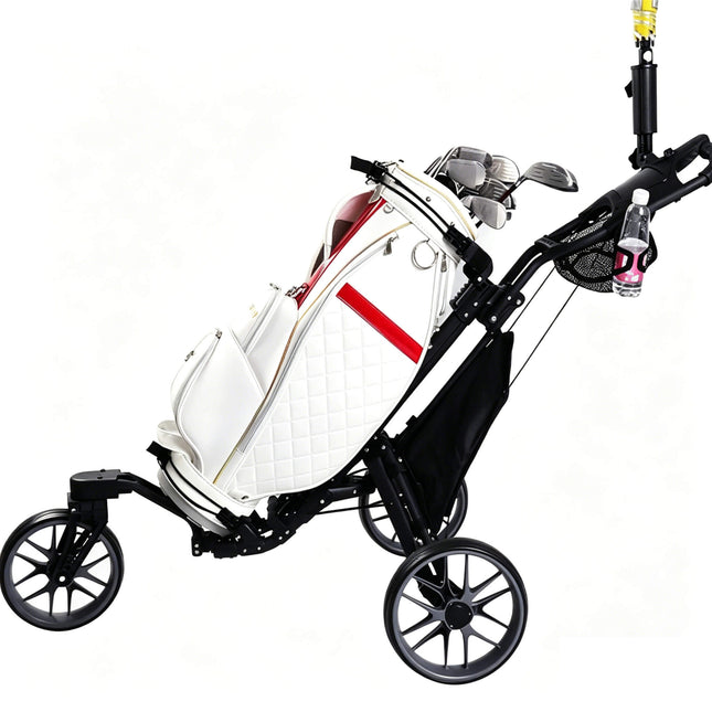 Eliteshine V325 3-wheel golf push trolley lifestyle view with premium white quilted Eliteshine cart bag and golf clubs loaded showing swivel front wheel and storage bag