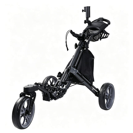 Eliteshine V325 3-wheel golf push trolley main view in all-black aluminum alloy with swivel front wheel, large storage bag and umbrella holder
