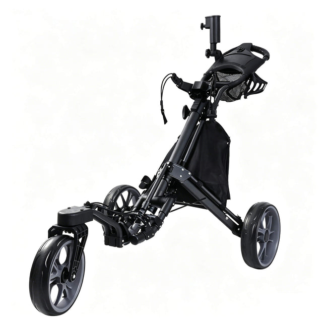 Eliteshine V325 3-wheel golf push trolley main view in all-black aluminum alloy with swivel front wheel, large storage bag and umbrella holder