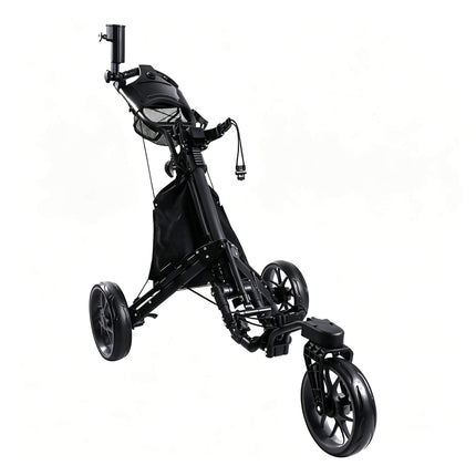 Eliteshine V325 3-wheel golf push trolley right side view showing black aluminum frame, large storage bag, bungee strap, cable tension system and 5-spoke EVA rear wheel