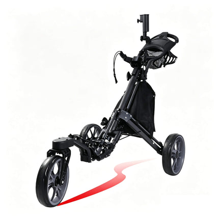 Eliteshine V325 3-wheel golf push trolley swivel front wheel close-up showing enlarged wheel with protective housing and foot brake mechanism
