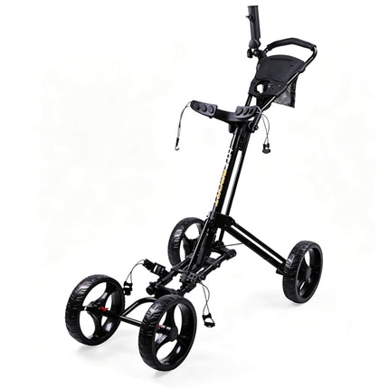 Eliteshine V402 4-wheel golf push trolley all-black colour variant showing black 3-spoke EVA wheels, scorecard panel, mesh ball net and umbrella holder