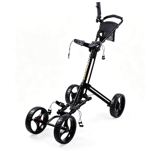 Eliteshine V402 4-wheel golf push trolley all-black colour variant showing black 3-spoke EVA wheels, scorecard panel, mesh ball net and umbrella holder