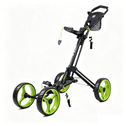 Eliteshine V402 4-wheel golf push trolley black and green colour variant showing green 3-spoke EVA wheels with colour-matched brake cord and bag straps