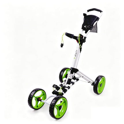 Eliteshine V402 4-wheel golf push trolley main view in black and green aluminum alloy frame with colour-matched 3-spoke EVA wheels and scorecard panel