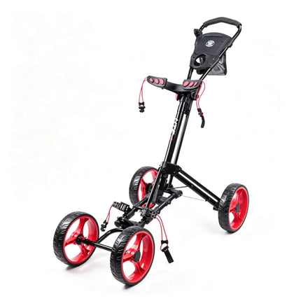 Eliteshine V402 4-wheel golf push trolley black and red colour variant showing red 3-spoke EVA wheels with colour-matched red brake cord and panel accents