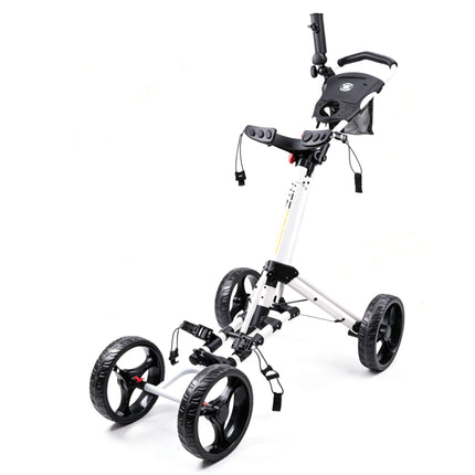 Eliteshine V402 4-wheel golf push trolley white and black colour variant showing white aluminum frame with black 3-spoke EVA wheels and scorecard panel