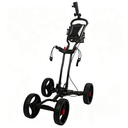 Eliteshine V403 4-wheel golf push trolley all-black colour variant side view showing black aluminum frame, 3-spoke EVA wheels and red foot brake on axle plate