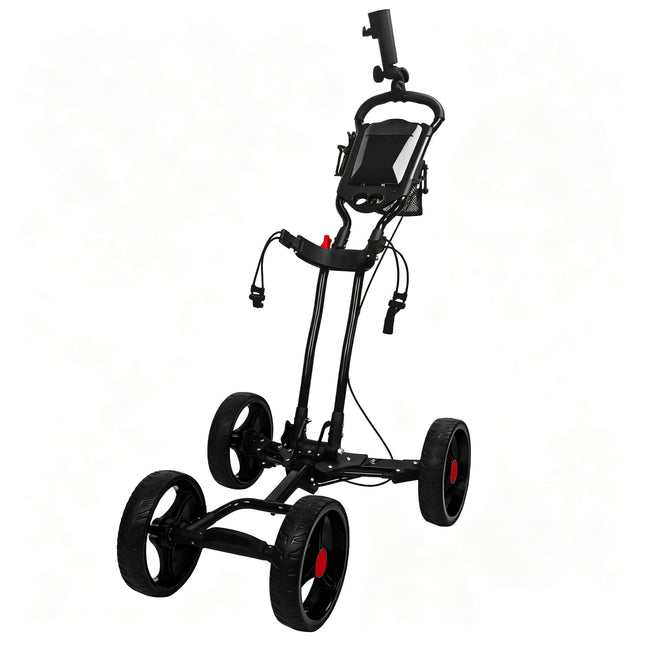 Eliteshine V403 4-wheel golf push trolley all-black colour variant side view showing black aluminum frame, 3-spoke EVA wheels and red foot brake on axle plate