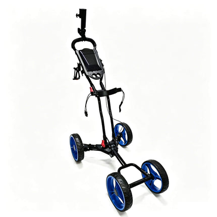 Eliteshine V403 4-wheel golf push trolley black and blue colour variant showing blue 3-spoke EVA wheels with colour-matched blue hub caps on white frame