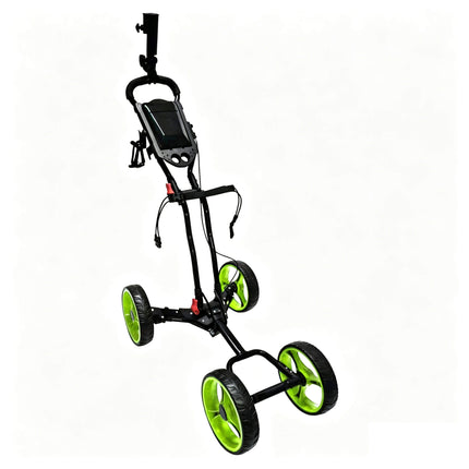 Eliteshine V403 4-wheel golf push trolley black and green colour variant showing green 3-spoke EVA wheels with black aluminum alloy frame