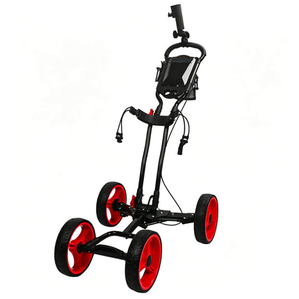Eliteshine V403 4-wheel golf push trolley black and red colour variant showing red 3-spoke EVA wheels with black aluminum alloy frame and red hub caps