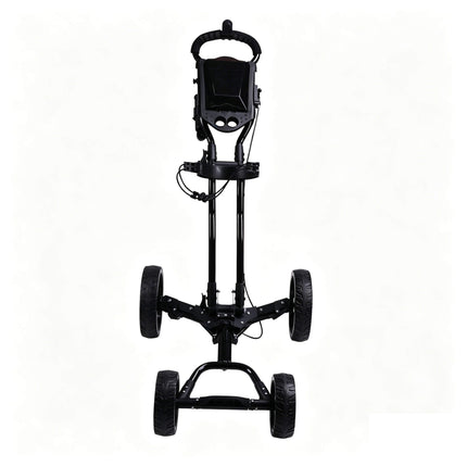 Eliteshine V403 4-wheel golf push trolley front view in all-black showing D-shaped handle, scorecard tray, mesh ball net, 2 cup holes and manual cable brake lever
