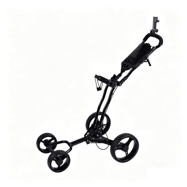 Eliteshine V403 4-wheel golf push trolley main view in all-black aluminum alloy with D-shaped handle, scorecard panel and equal-size 3-spoke EVA wheels