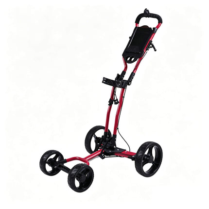 Eliteshine V403 4-wheel golf push trolley red and black colour variant showing red aluminum alloy frame with black 3-spoke EVA wheels and umbrella holder