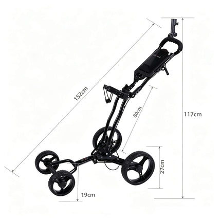 Eliteshine V403 4-wheel golf push trolley dimensions — 117cm tall, 80cm depth, 152cm diagonal, wheel height 27cm, width 19cm, all-black aluminum alloy frame