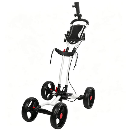 Eliteshine V403 4-wheel golf push trolley white and black colour variant showing white aluminum frame with black 3-spoke EVA wheels and red centre hub caps