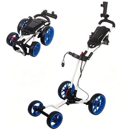 Eliteshine V403 4-wheel golf push trolley white and blue colour variant showing folded and unfolded positions with blue 3-spoke wheels and white aluminum frame