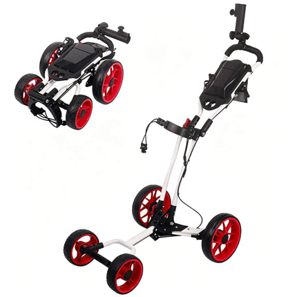 Eliteshine V403 4-wheel golf push trolley white and red colour variant showing folded and unfolded positions with blue 3-spoke wheels and white aluminum frame