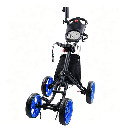 Eliteshine V405 4-wheel golf push trolley black and blue colour variant showing blue 10-spoke EVA wheels, storage bag, mesh ball net and umbrella holder