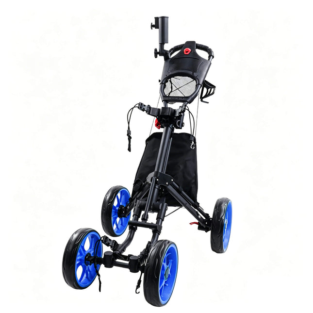 Eliteshine V405 4-wheel golf push trolley black and blue colour variant showing blue 10-spoke EVA wheels, storage bag, mesh ball net and umbrella holder