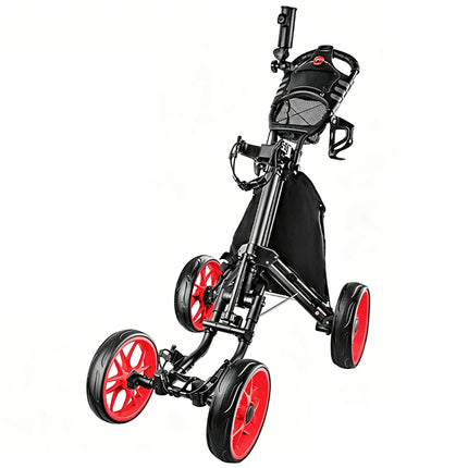 Eliteshine V405 4-wheel golf push trolley main view in all-black aluminum alloy with 10-spoke EVA wheels, storage bag, scorecard panel and umbrella holder