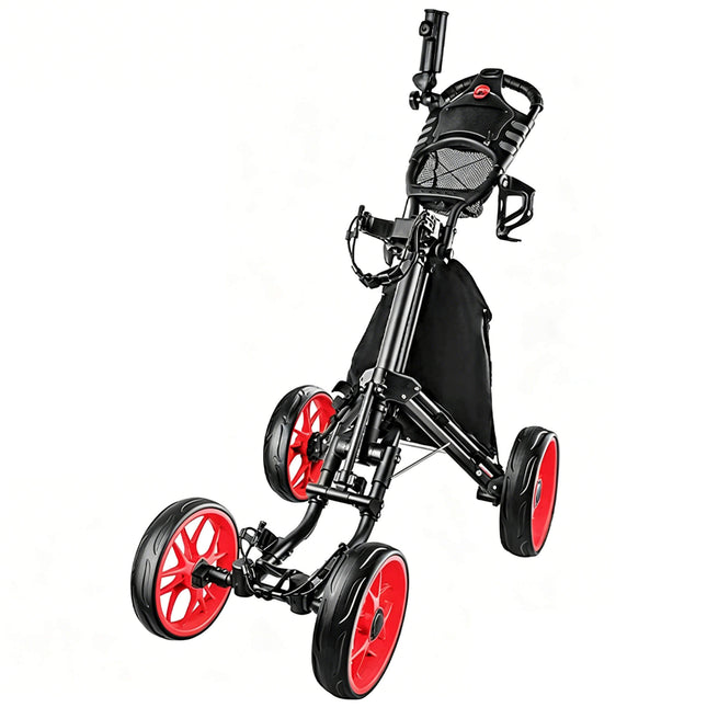Eliteshine V405 4-wheel golf push trolley main view in all-black aluminum alloy with 10-spoke EVA wheels, storage bag, scorecard panel and umbrella holder