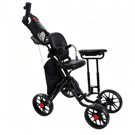 Eliteshine V405 4-wheel golf push trolley with full padded PU leather seat and backrest deployed showing height-adjustable handle, all-black frame and 10-spoke wheels with red centre caps