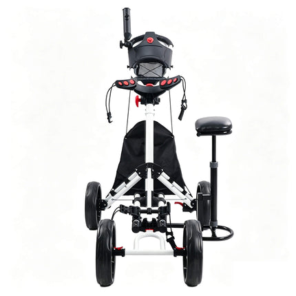 Eliteshine V406 4-wheel golf push trolley front view showing dual-grip handle, 4 red ball clips, mesh ball net, scorecard tray, detachable stool seat and all-black 3-spoke wheels