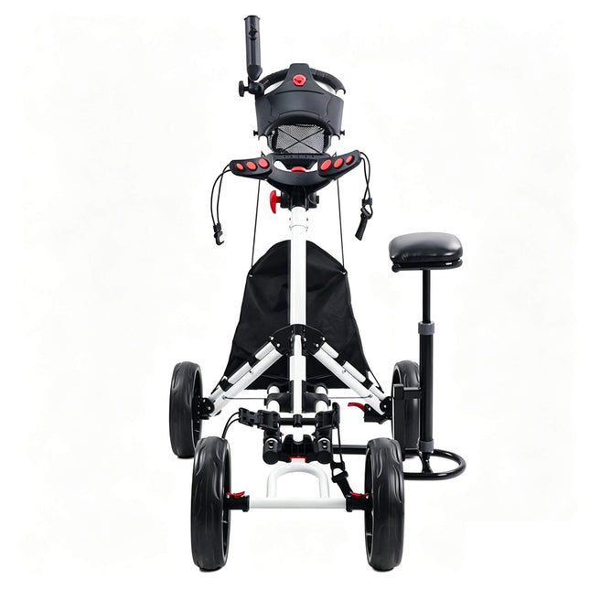 Eliteshine V406 4-wheel golf push trolley front view showing dual-grip handle, 4 red ball clips, mesh ball net, scorecard tray, detachable stool seat and all-black 3-spoke wheels