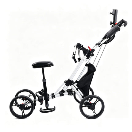 Eliteshine V406 4-wheel golf push trolley left side view showing white aluminum frame, height-adjustable stool seat on post with foot ring, enlarged rear wheel and detachable front wheel