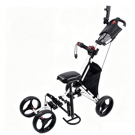 Eliteshine V406 4-wheel golf push trolley main view in white and black reinforced aluminum alloy with enlarged rear wheels, detachable stool seat and storage bag