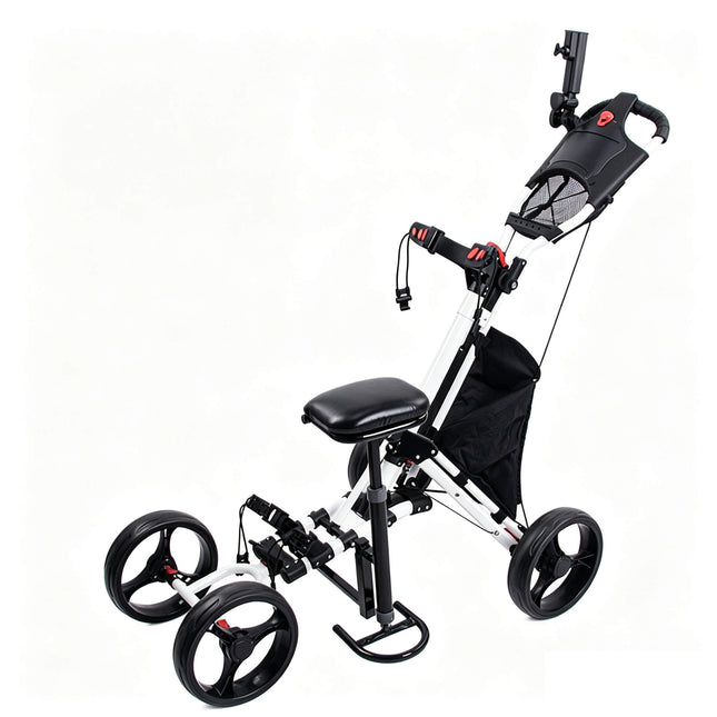 Eliteshine V406 4-wheel golf push trolley main view in white and black reinforced aluminum alloy with enlarged rear wheels, detachable stool seat and storage bag