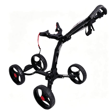 Eliteshine V410 ultralight 4-wheel golf push trolley back view showing red quick-release fold button, cable tension system, dual red foot brakes and all-black 3-spoke wheels