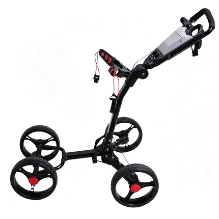 Eliteshine V410 ultralight 4-wheel golf push trolley left side view showing ultra-slim black frame, 4 red ball clips, red cord hand brake and 3-spoke EVA wheels with red centre caps